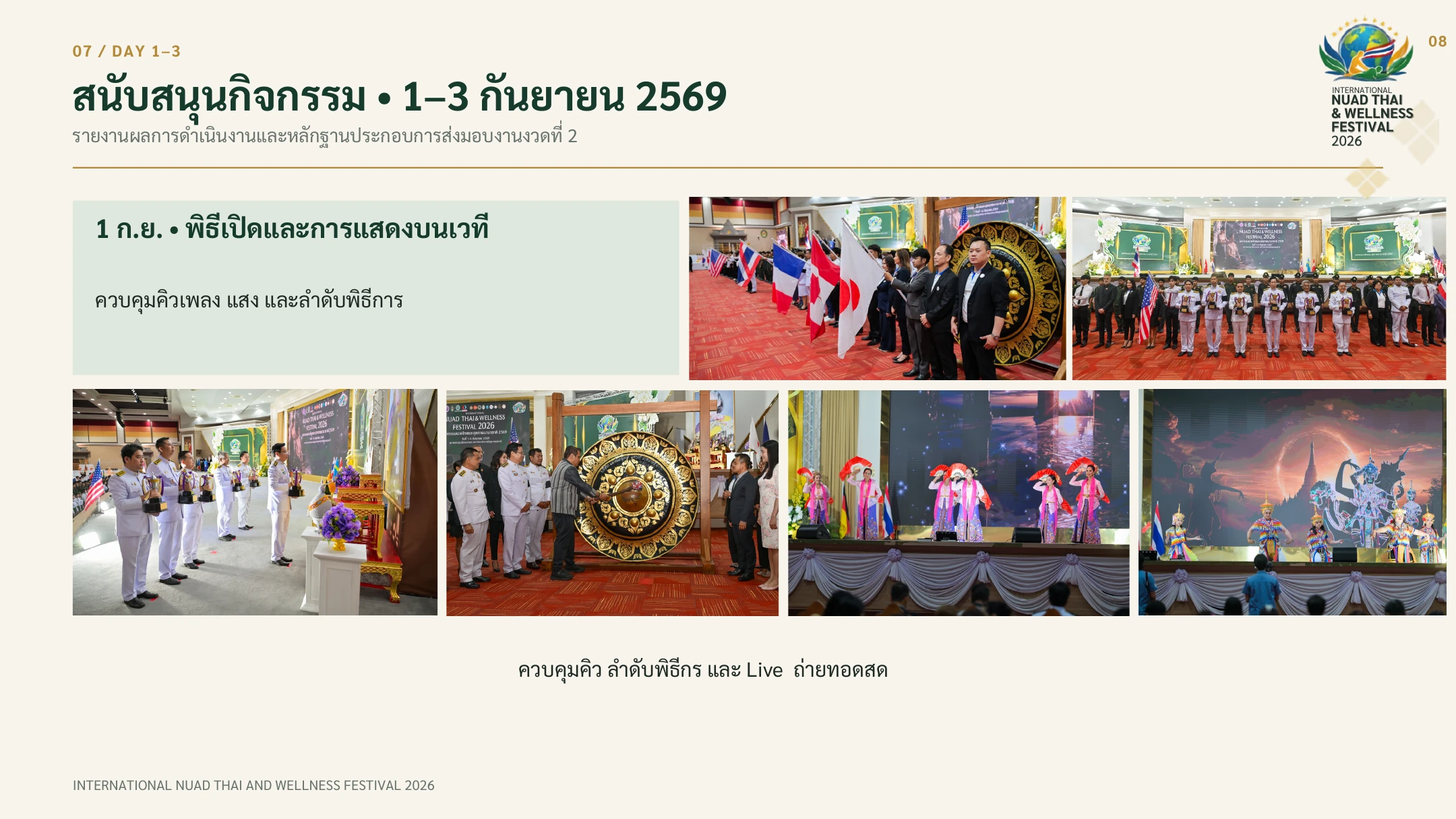 1 กันยายน 2569: พิธีเปิด การแสดงบนเวที และขบวนธงนานาชาติ ทีมงานควบคุมคิวเพลง แสง ลำดับพิธีการและการถ่ายทอดสด
